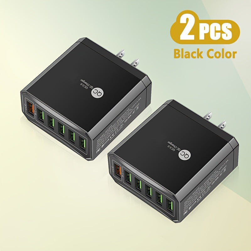 XJDR 2Pcs 6 Ports USB 30W QC3.0 Mobile Phone Fast Charging Adapter, US Plug USB Qiuck Charge Adapter, Protable Travel Charger Wall Charger