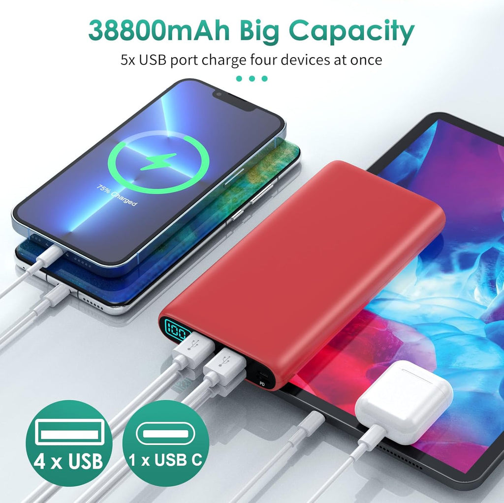 Portable Charger 38800mAh,LCD Display Power Bank,5 USB Outputs Battery Pack Backup, USB-C in&out Dual Input Phone Charging Compatible with iPhone 16/15/14/13 Pro/12,Android Samsung Galaxy Pixel Nexus
