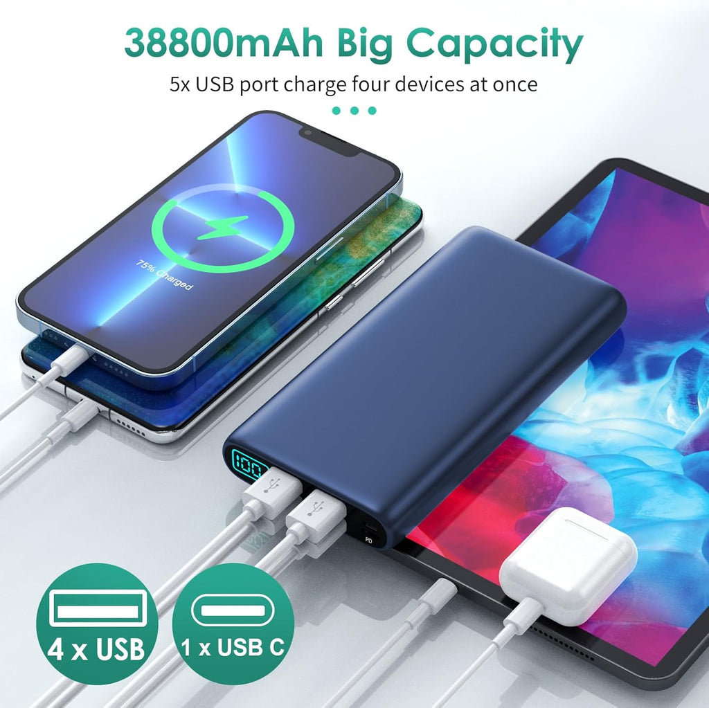 Portable Charger 38800mAh,LCD Display Power Bank,5 USB Outputs Battery Pack Backup, USB-C in&out Dual Input Phone Charging Compatible with iPhone 16/15/14/13 Pro/12,Android Samsung Galaxy Pixel Nexus